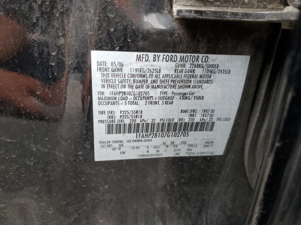 2007 Ford Five Hundred Limited VIN: 1FAHP28107G102705 Lot: 63499284