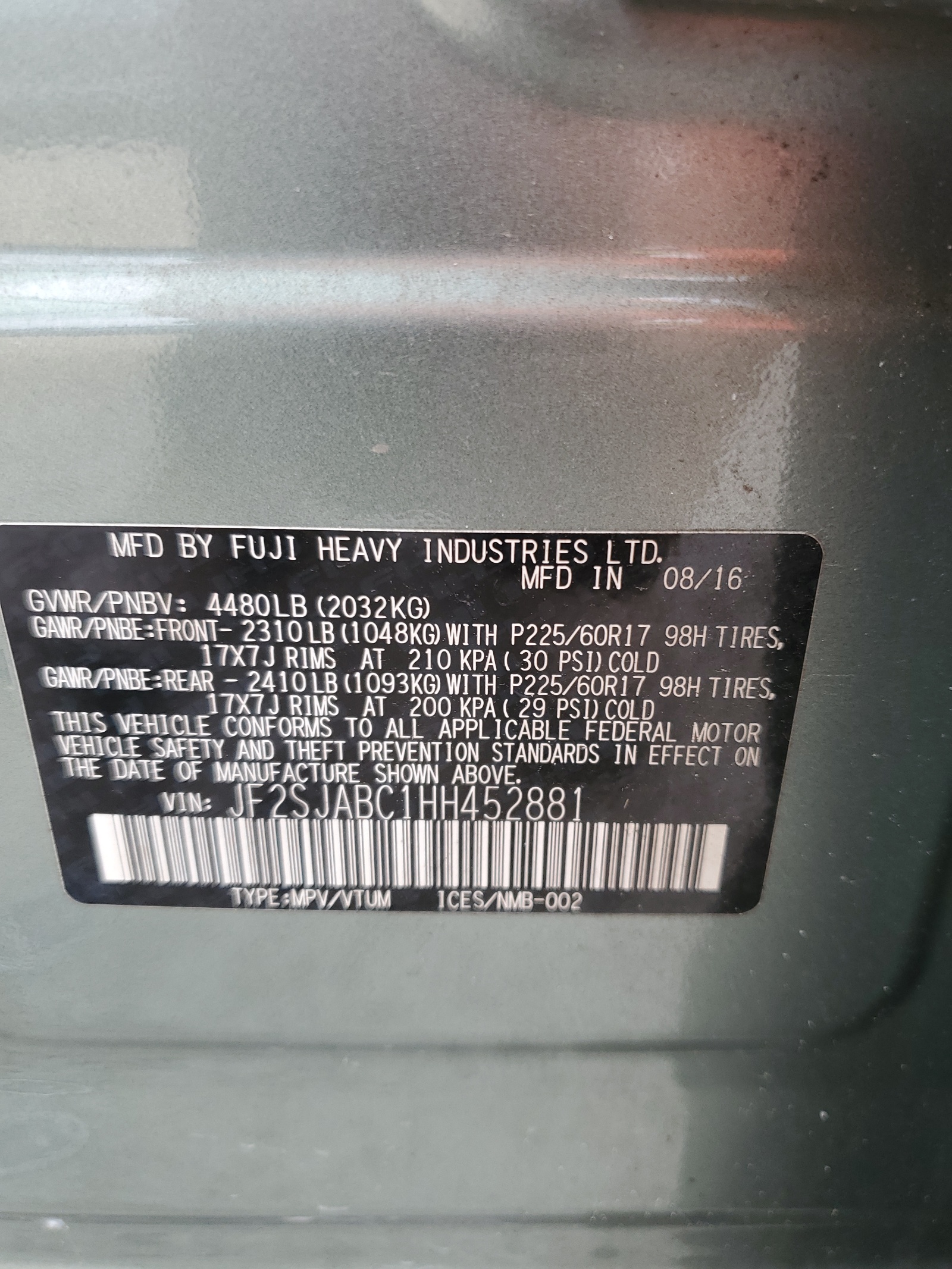 JF2SJABC1HH452881 2017 Subaru Forester 2.5I