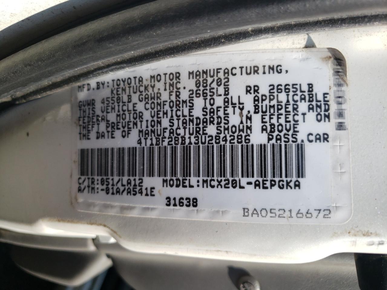 2003 Toyota Avalon Xl VIN: 4T1BF28B13U284286 Lot: 65335844