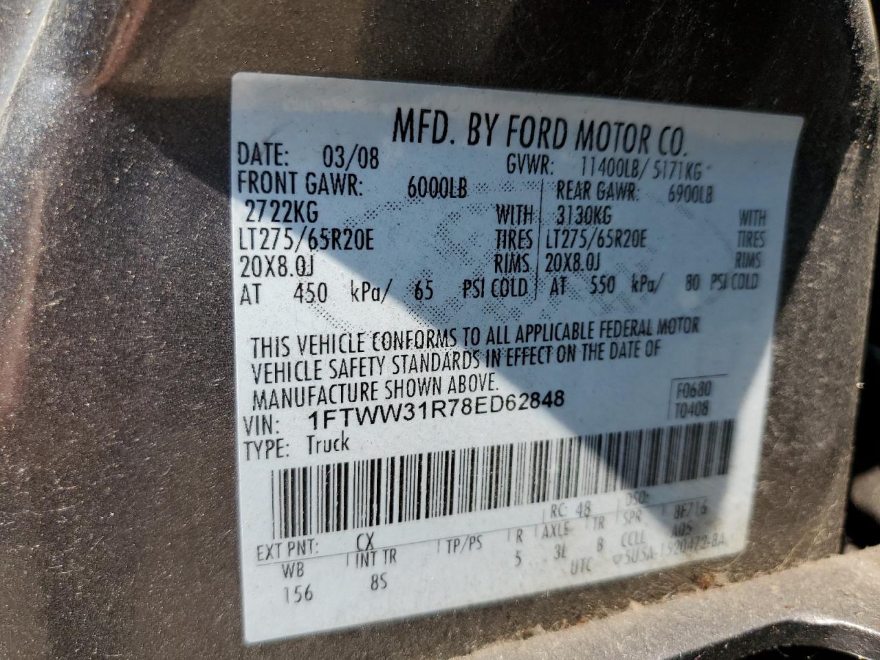 2008 Ford F350 Srw Super Duty VIN: 1FTWW31R78ED62848 Lot: 63091034