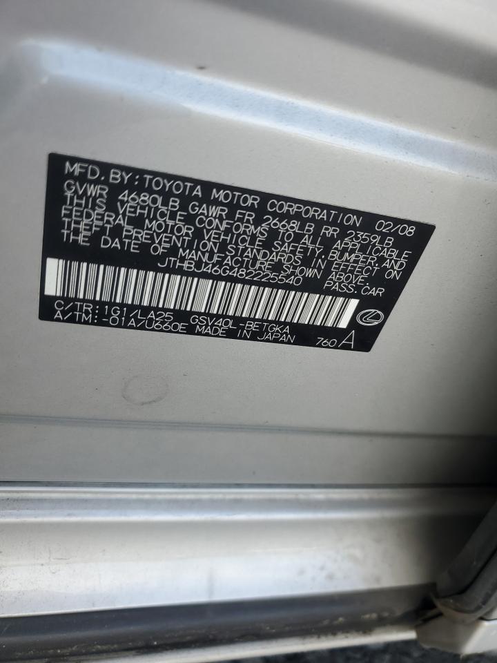 2008 Lexus Es 350 VIN: JTHBJ46G482225540 Lot: 62665184