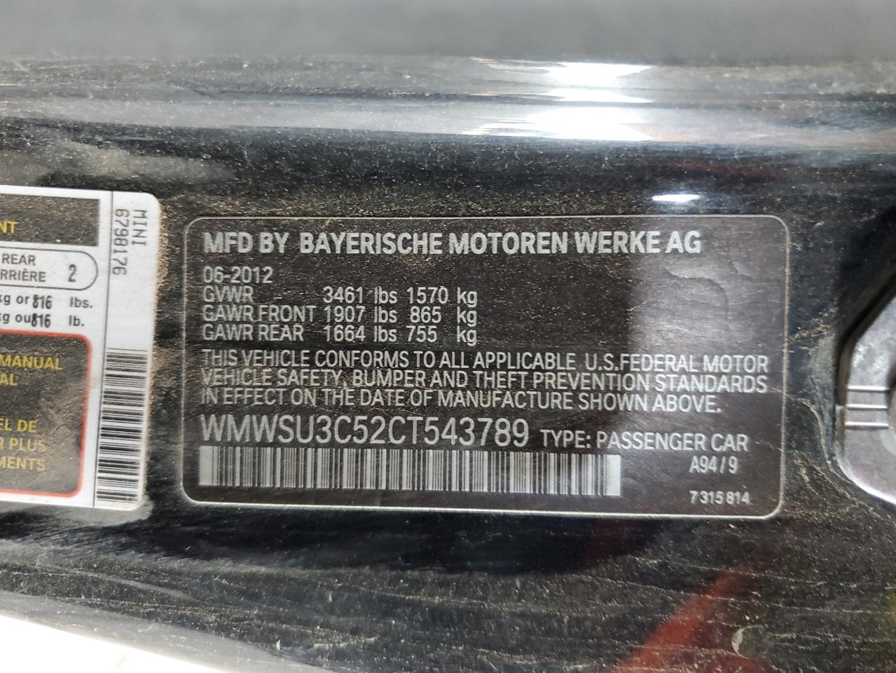 2012 Mini Cooper VIN: WMWSU3C52CT543789 Lot: 55972284