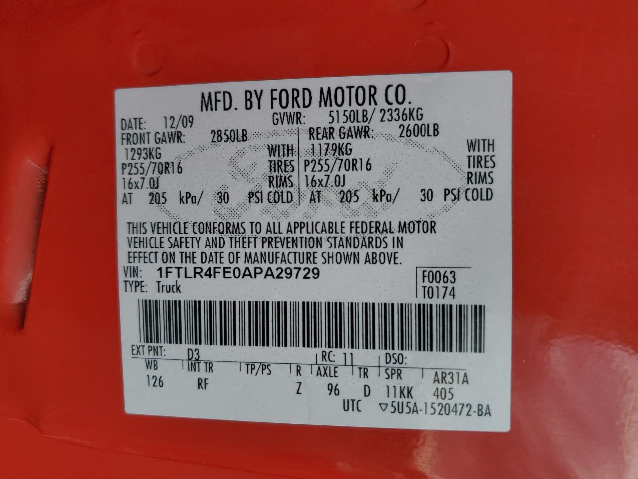 2010 Ford Ranger Super Cab VIN: 1FTLR4FE0APA29729 Lot: 63418484