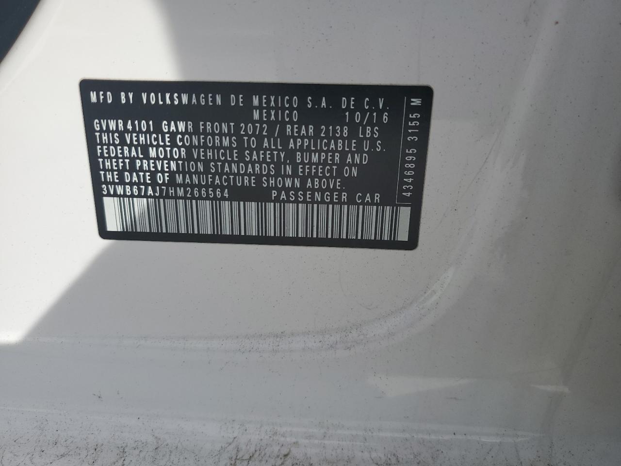 2017 Volkswagen Jetta Se VIN: 3VWB67AJ7HM266564 Lot: 63287554