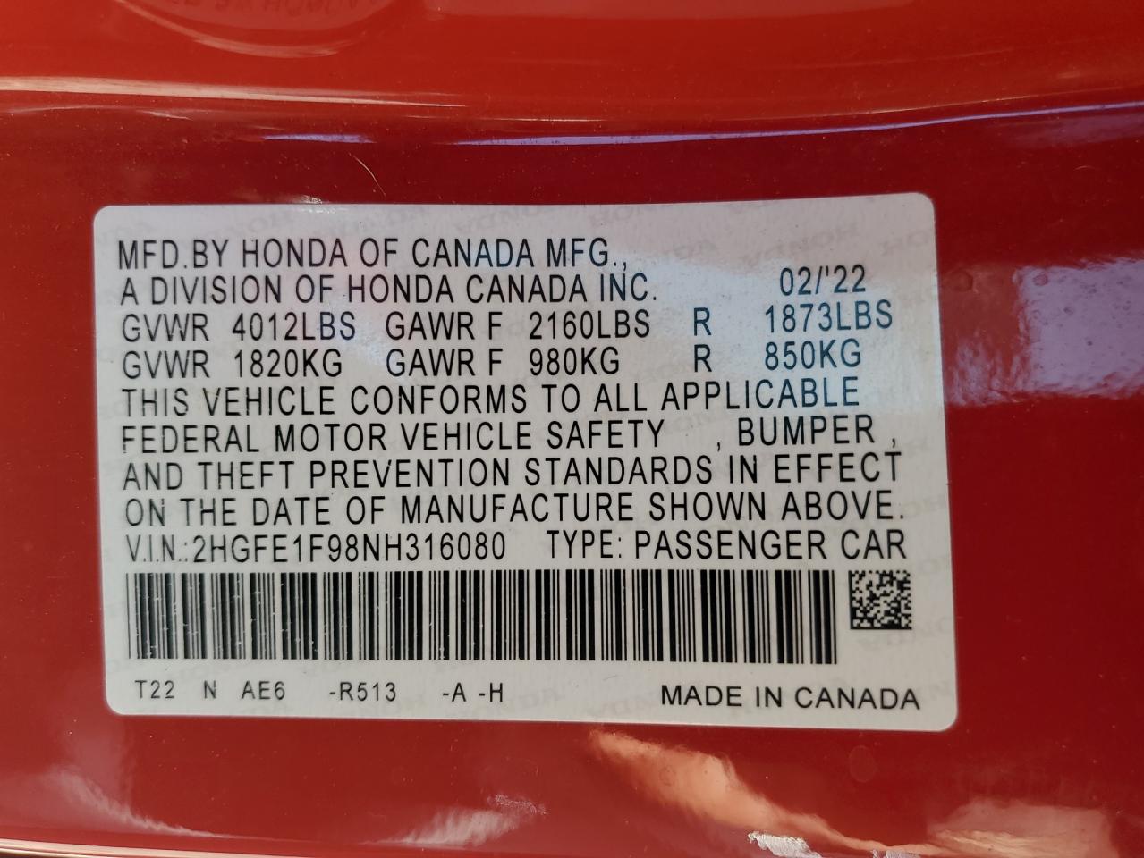 2HGFE1F98NH316080 2022 Honda Civic Touring