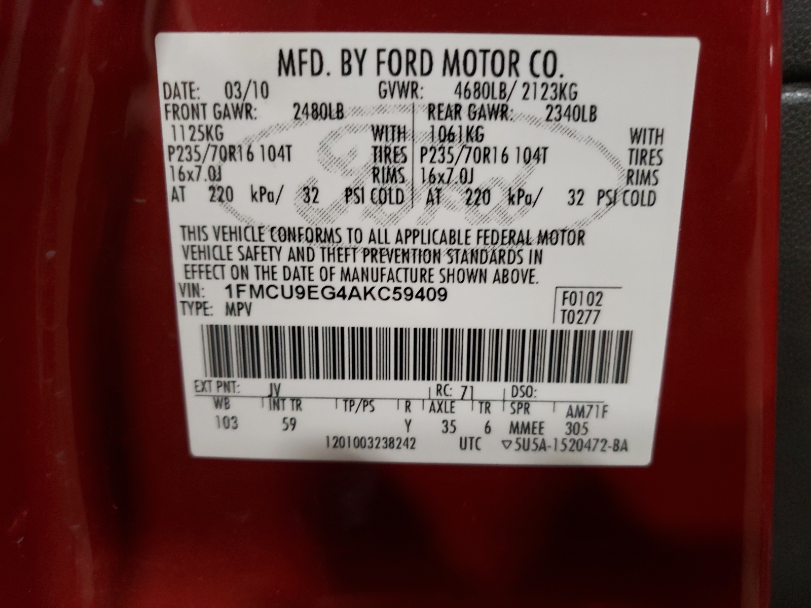 1FMCU9EG4AKC59409 2010 Ford Escape Limited