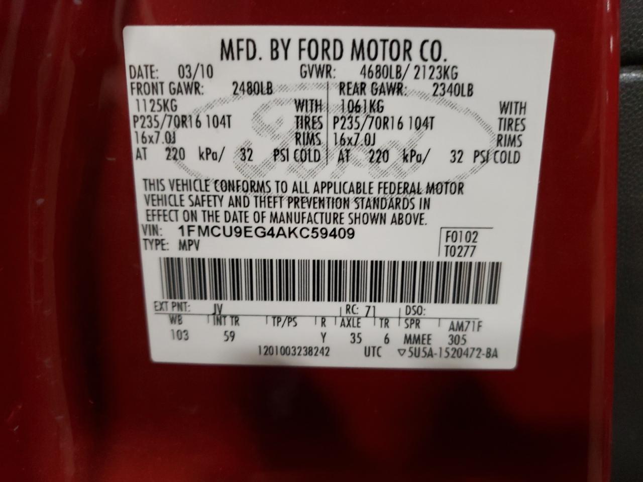 2010 Ford Escape Limited VIN: 1FMCU9EG4AKC59409 Lot: 64667654