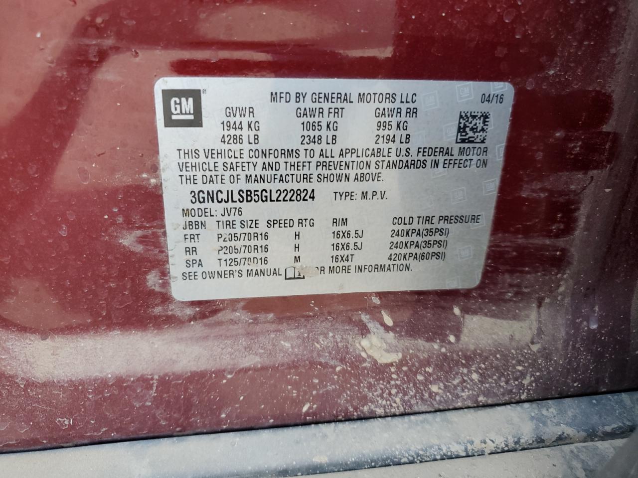 2016 Chevrolet Trax 1Lt VIN: 3GNCJLSB5GL222824 Lot: 62312834