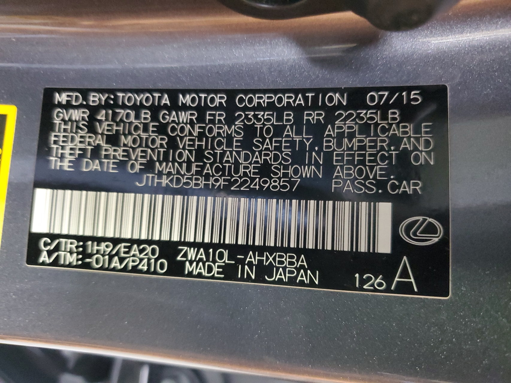 2015 Lexus Ct 200 vin: JTHKD5BH9F2249857