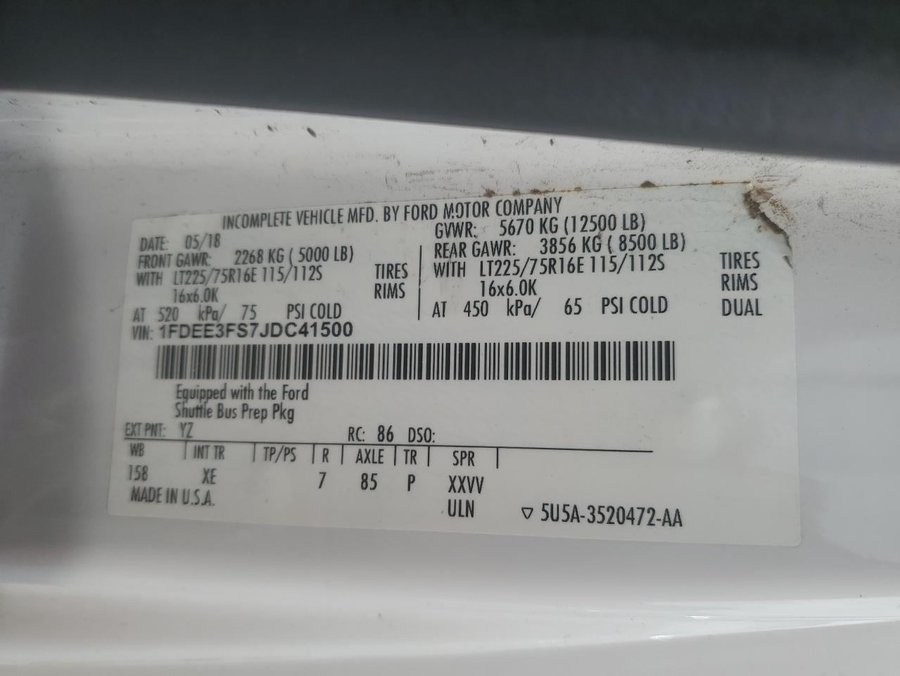 2018 Ford Econoline E350 Super Duty Cutaway Van VIN: 1FDEE3FS7JDC41500 Lot: 60900254