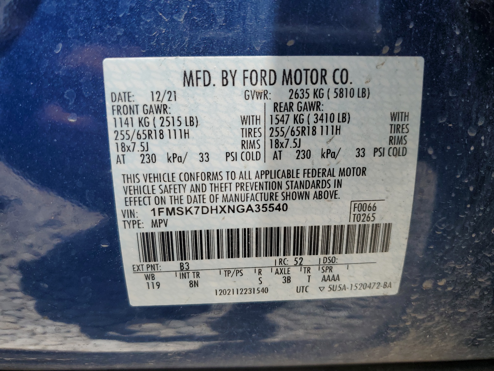 1FMSK7DHXNGA35540 2022 Ford Explorer Xlt