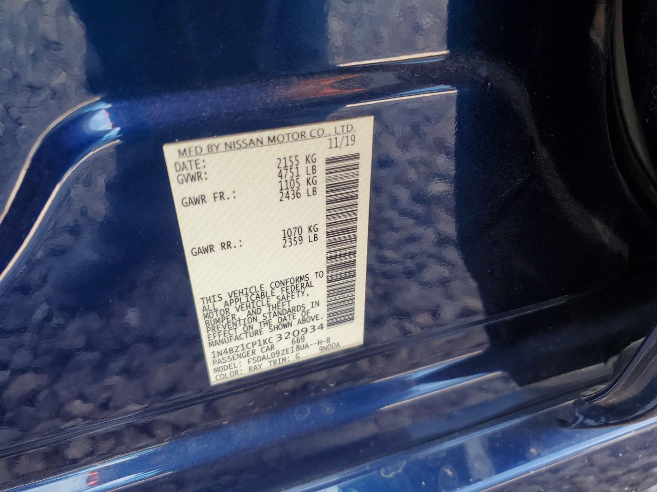 2019 Nissan Leaf S Plus VIN: 1N4BZ1CP1KC320934 Lot: 65147514