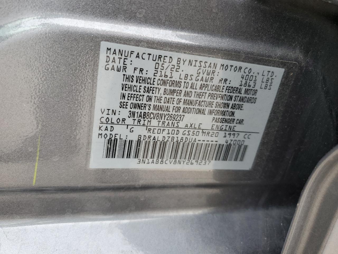 2022 Nissan Sentra Sv VIN: 3N1AB8CV8NY269237 Lot: 63340104