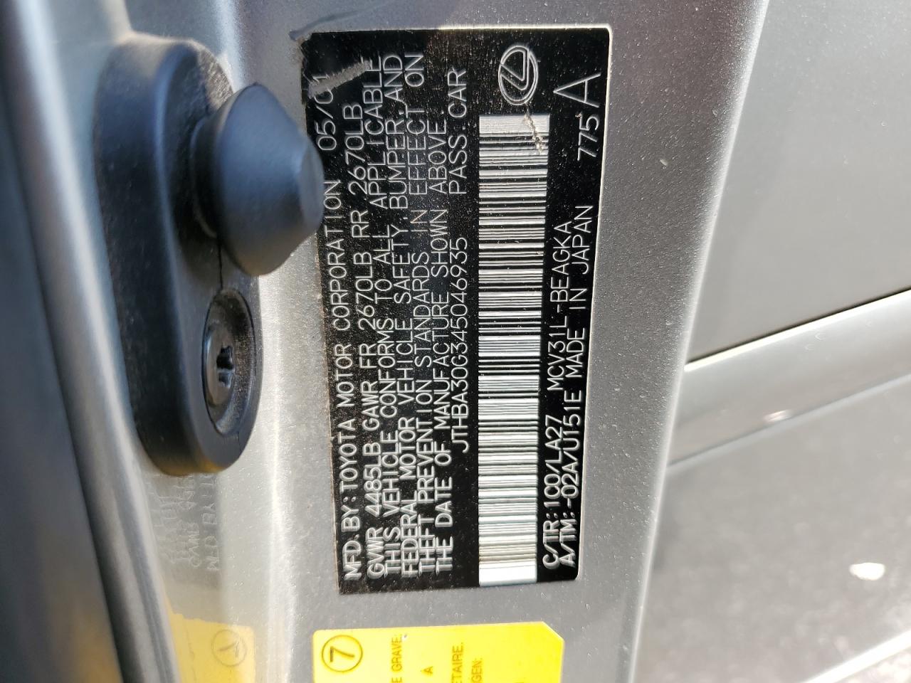 2004 Lexus Es 330 VIN: JTHBA30G345046935 Lot: 62830314