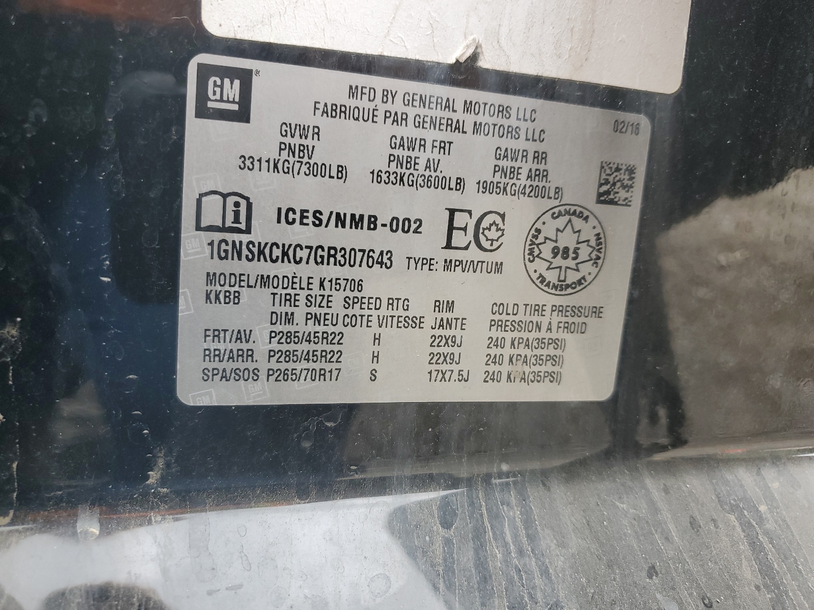 1GNSKCKC7GR307643 2016 Chevrolet Tahoe K1500 Ltz