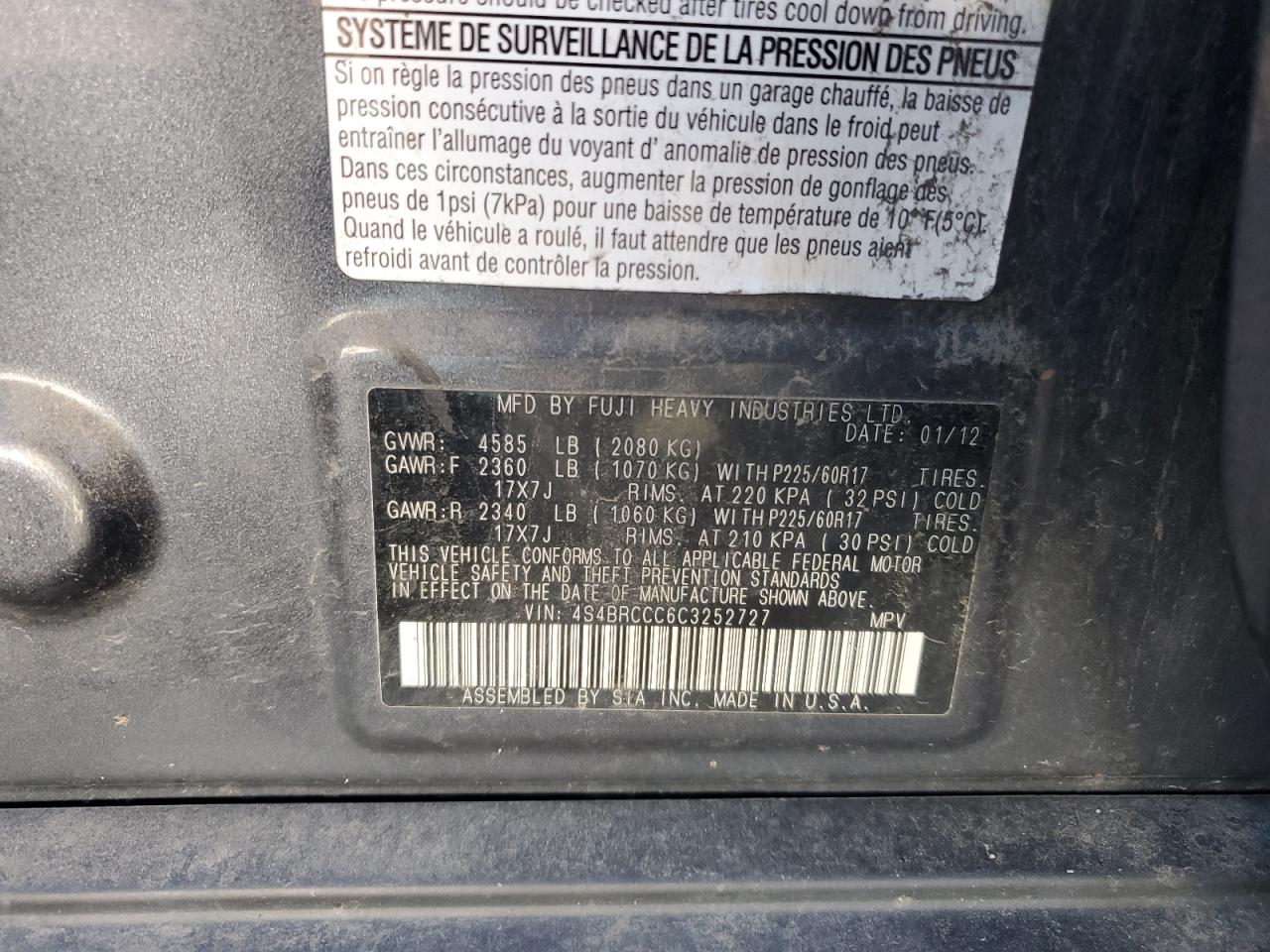 2012 Subaru Outback 2.5I Premium VIN: 4S4BRCCC6C3252727 Lot: 60393614