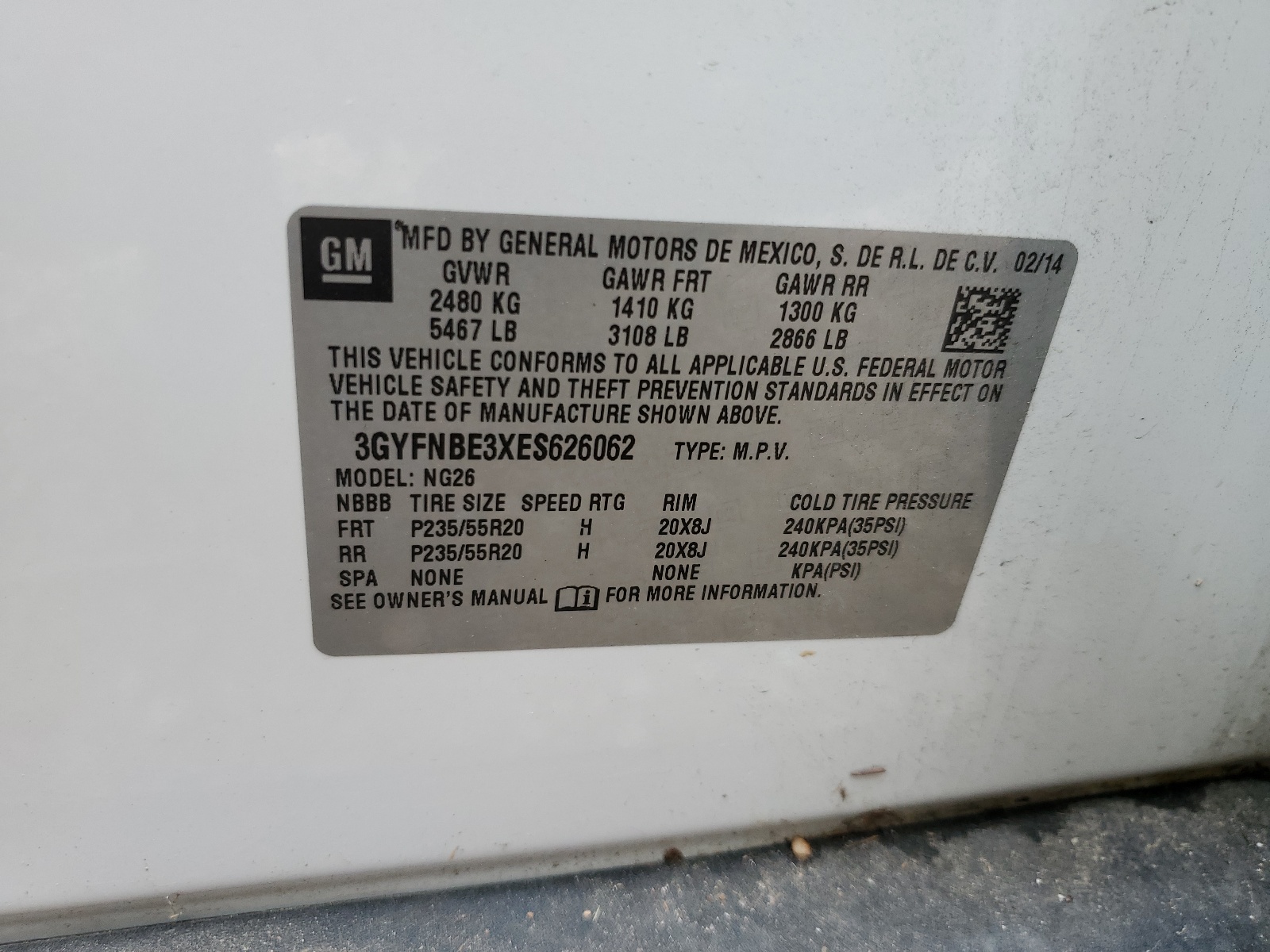 3GYFNBE3XES626062 2014 Cadillac Srx Luxury Collection