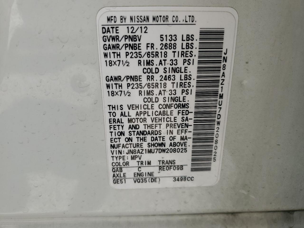 2013 Nissan Murano S VIN: JN8AZ1MU7DW208025 Lot: 64315224