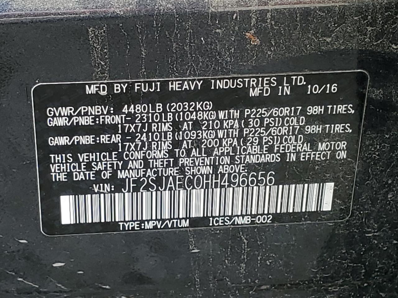 2017 Subaru Forester 2.5I Premium VIN: JF2SJAEC0HH496656 Lot: 63655784