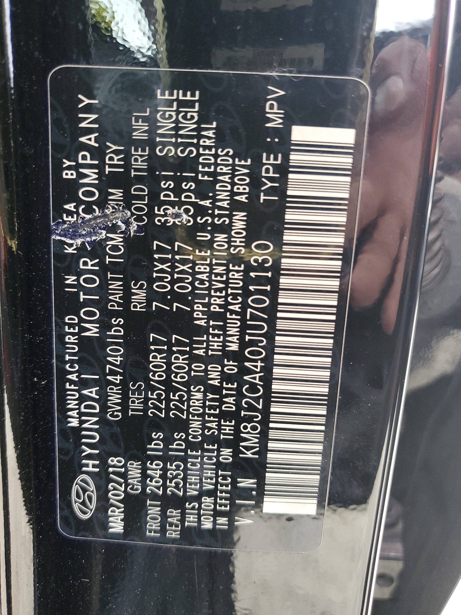 KM8J2CA40JU701130 2018 Hyundai Tucson Se