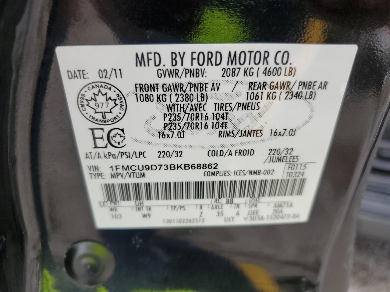 2011 Ford Escape Xlt VIN: 1FMCU9D73BKB68862 Lot: 62027974