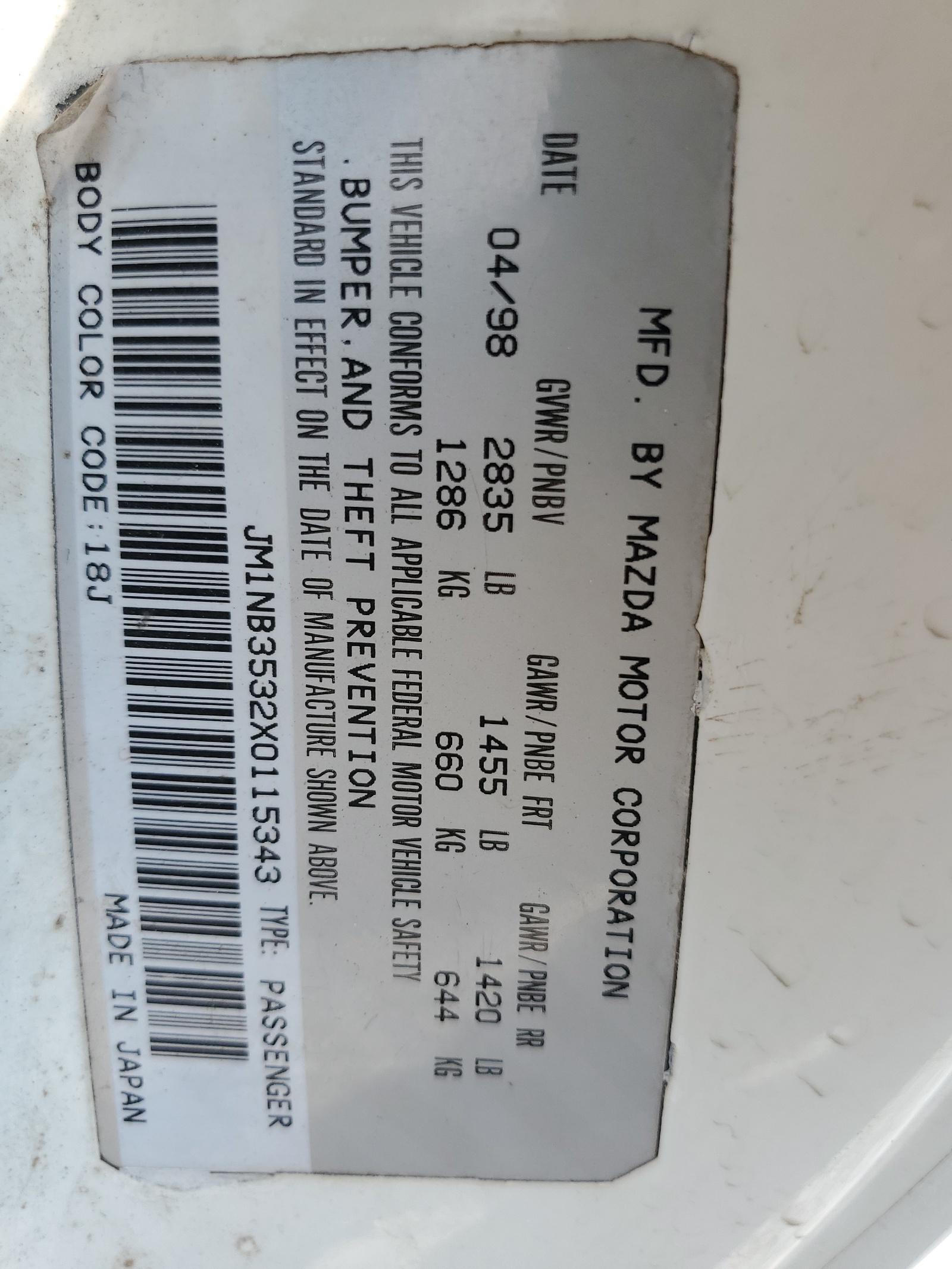 JM1NB3532X0115343 1999 Mazda Mx-5 Miata