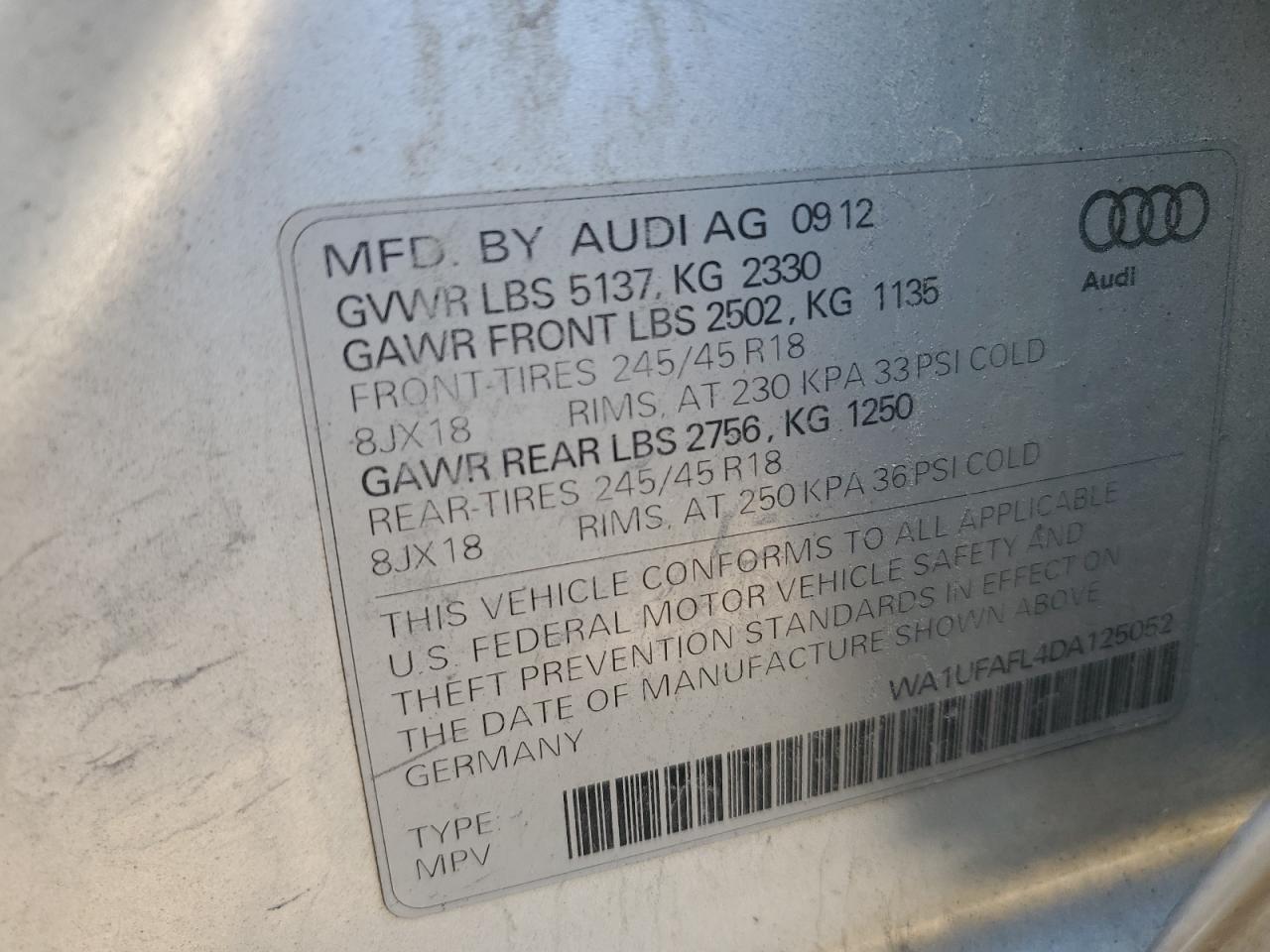 2013 Audi A4 Allroad Premium Plus VIN: WA1UFAFL4DA125052 Lot: 64661214