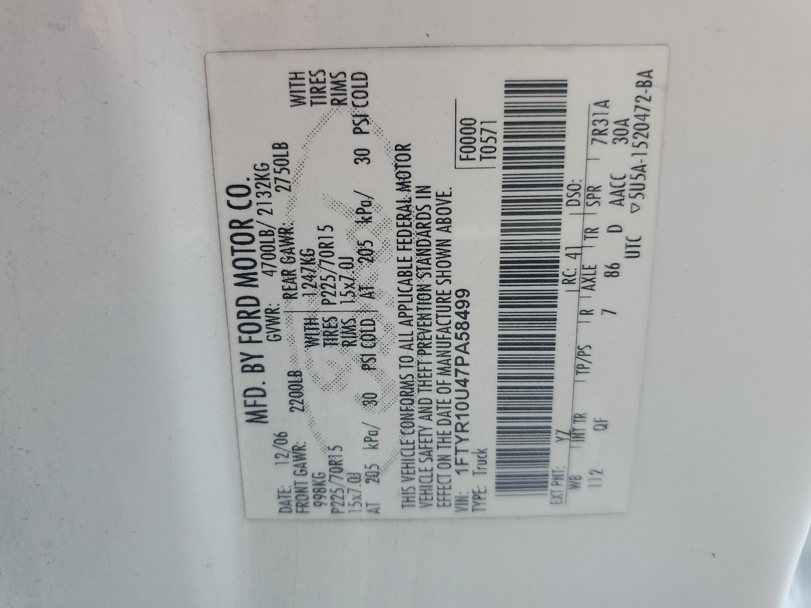 1FTYR10U47PA58499 2007 Ford Ranger