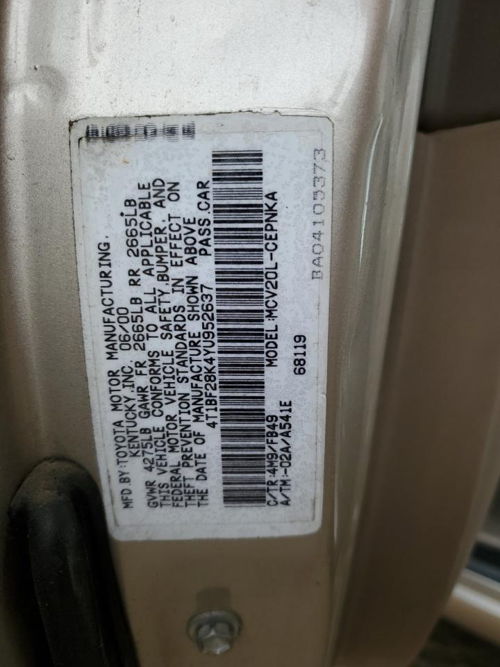 2000 Toyota Camry Le VIN: 4T1BF28K4YU952637 Lot: 64819824