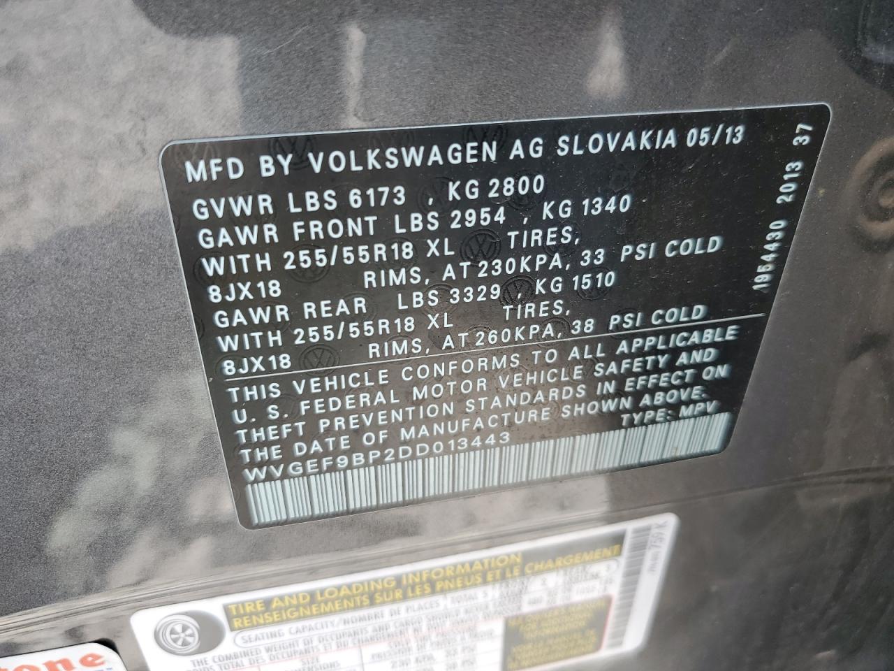 2013 Volkswagen Touareg V6 VIN: WVGEF9BP2DD013443 Lot: 64792174