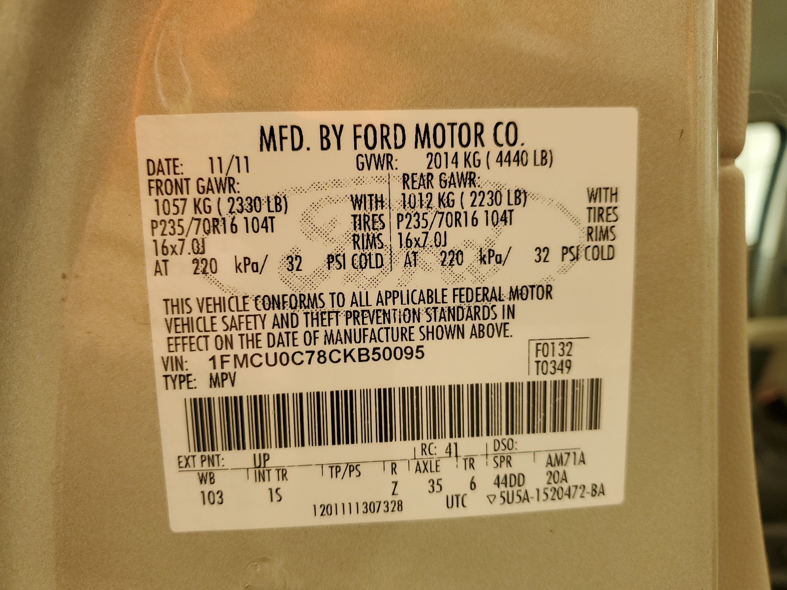 1FMCU0C78CKB50095 2012 Ford Escape Xls