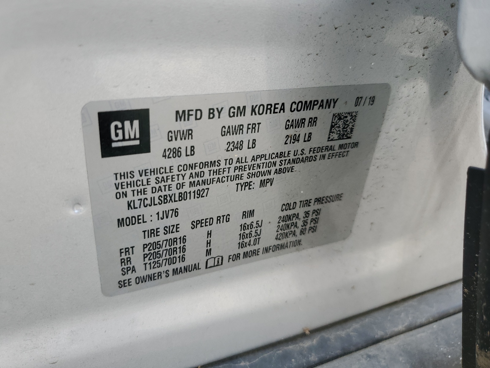 KL7CJLSBXLB011927 2020 Chevrolet Trax 1Lt