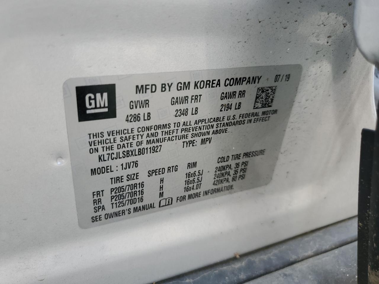 2020 Chevrolet Trax 1Lt VIN: KL7CJLSBXLB011927 Lot: 63886364