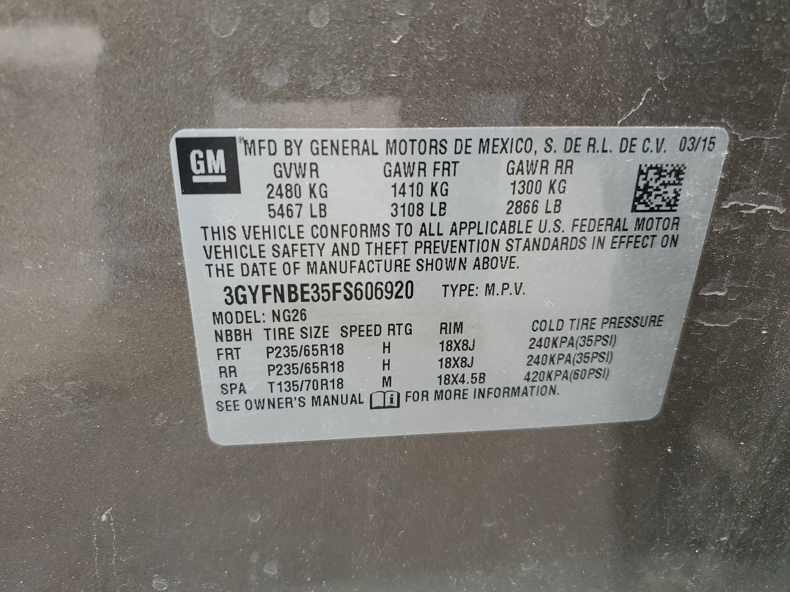 3GYFNBE35FS606920 2015 Cadillac Srx Luxury Collection