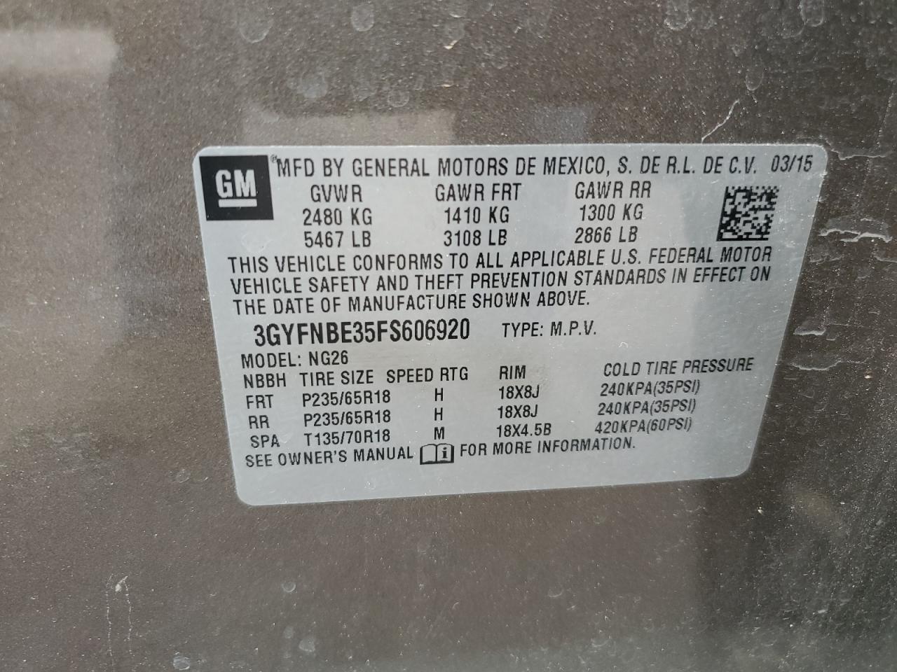 2015 Cadillac Srx Luxury Collection VIN: 3GYFNBE35FS606920 Lot: 64597494