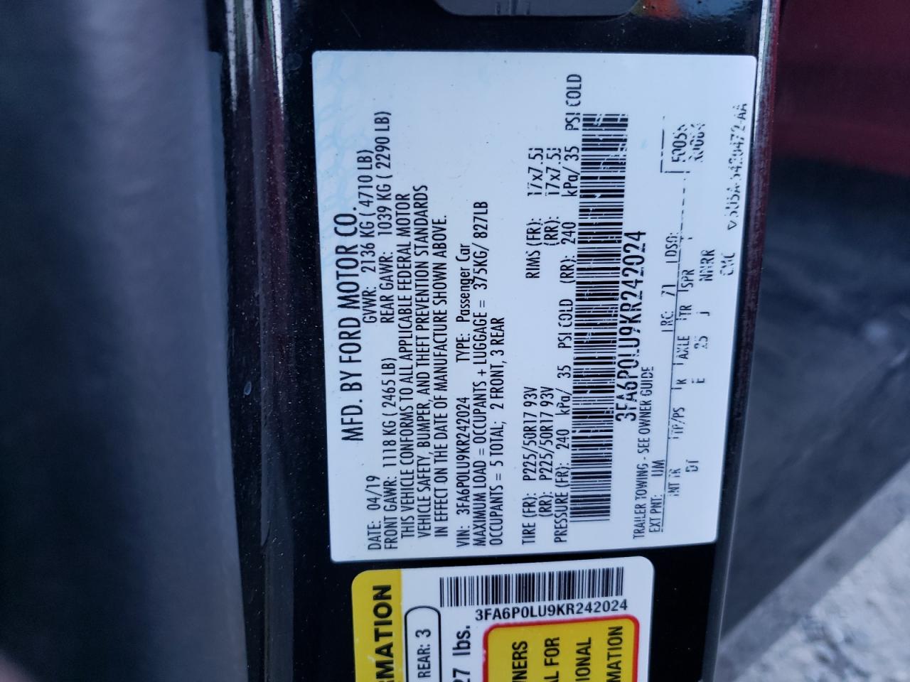 2019 Ford Fusion Se VIN: 3FA6P0LU9KR242024 Lot: 64708894