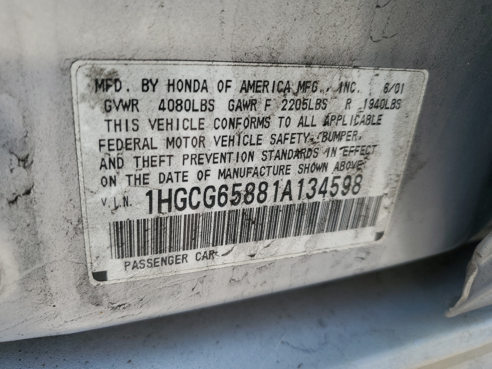 1HGCG65881A134598 2001 Honda Accord Ex