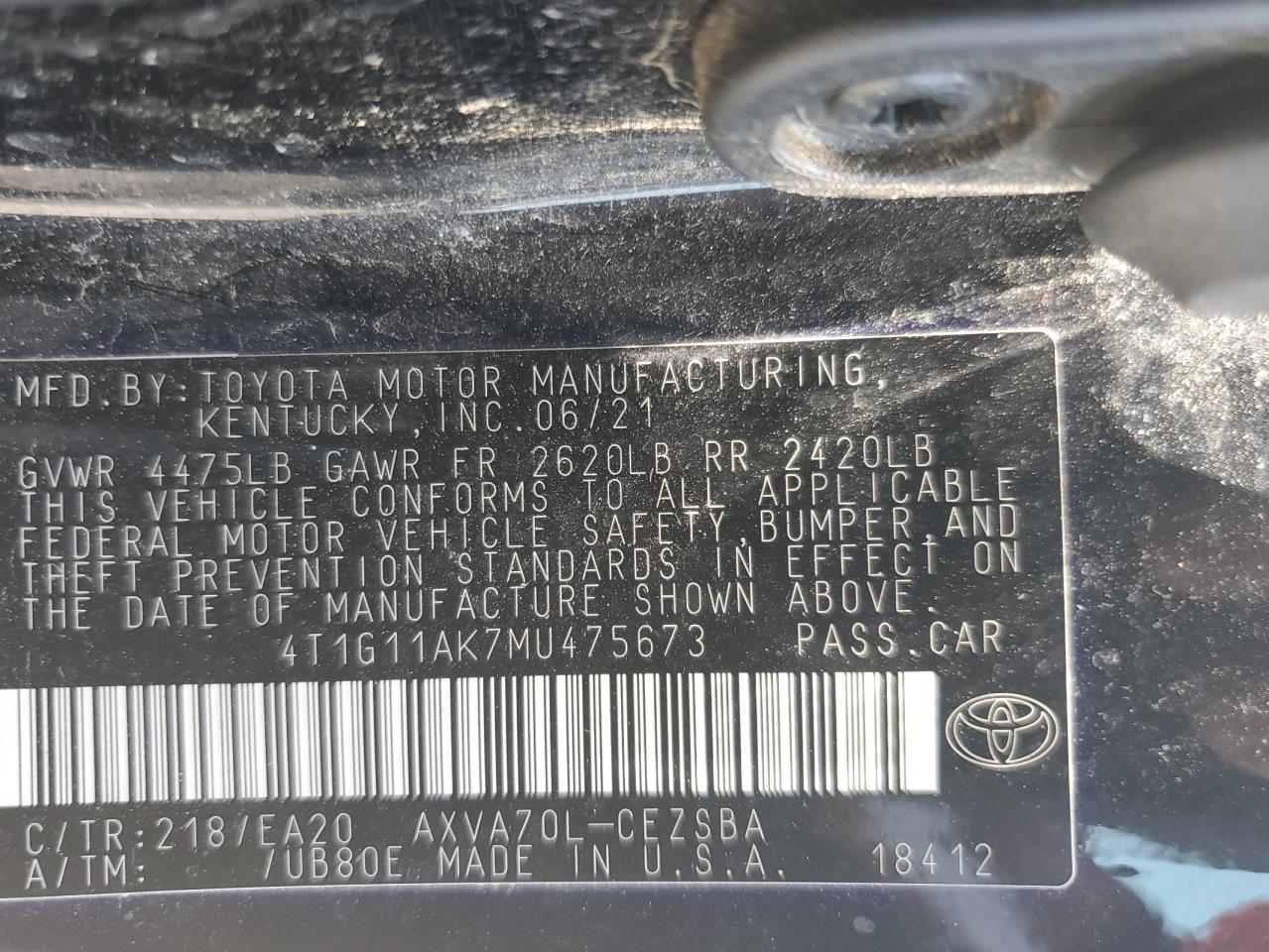 4T1G11AK7MU475673 2021 TOYOTA CAMRY - Image 12