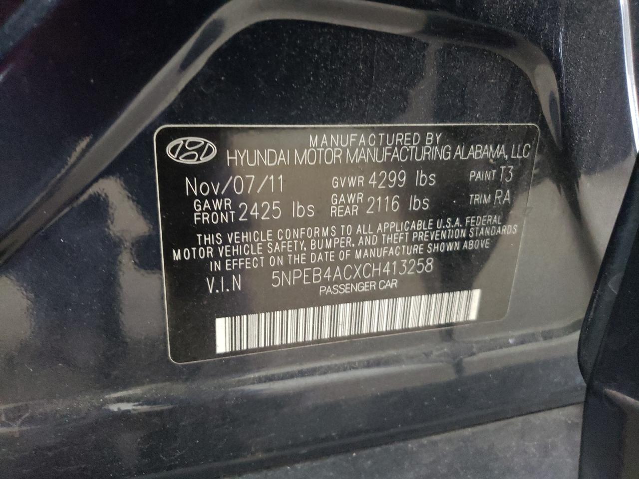 5NPEB4ACXCH413258 2012 Hyundai Sonata Gls