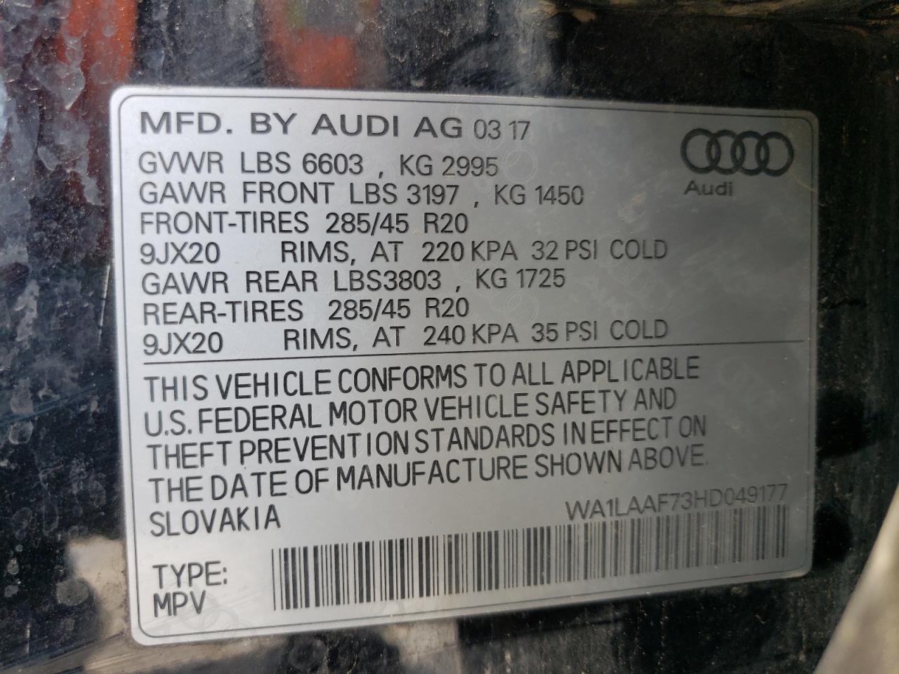 2017 Audi Q7 Premium Plus VIN: WA1LAAF73HD049177 Lot: 62914054