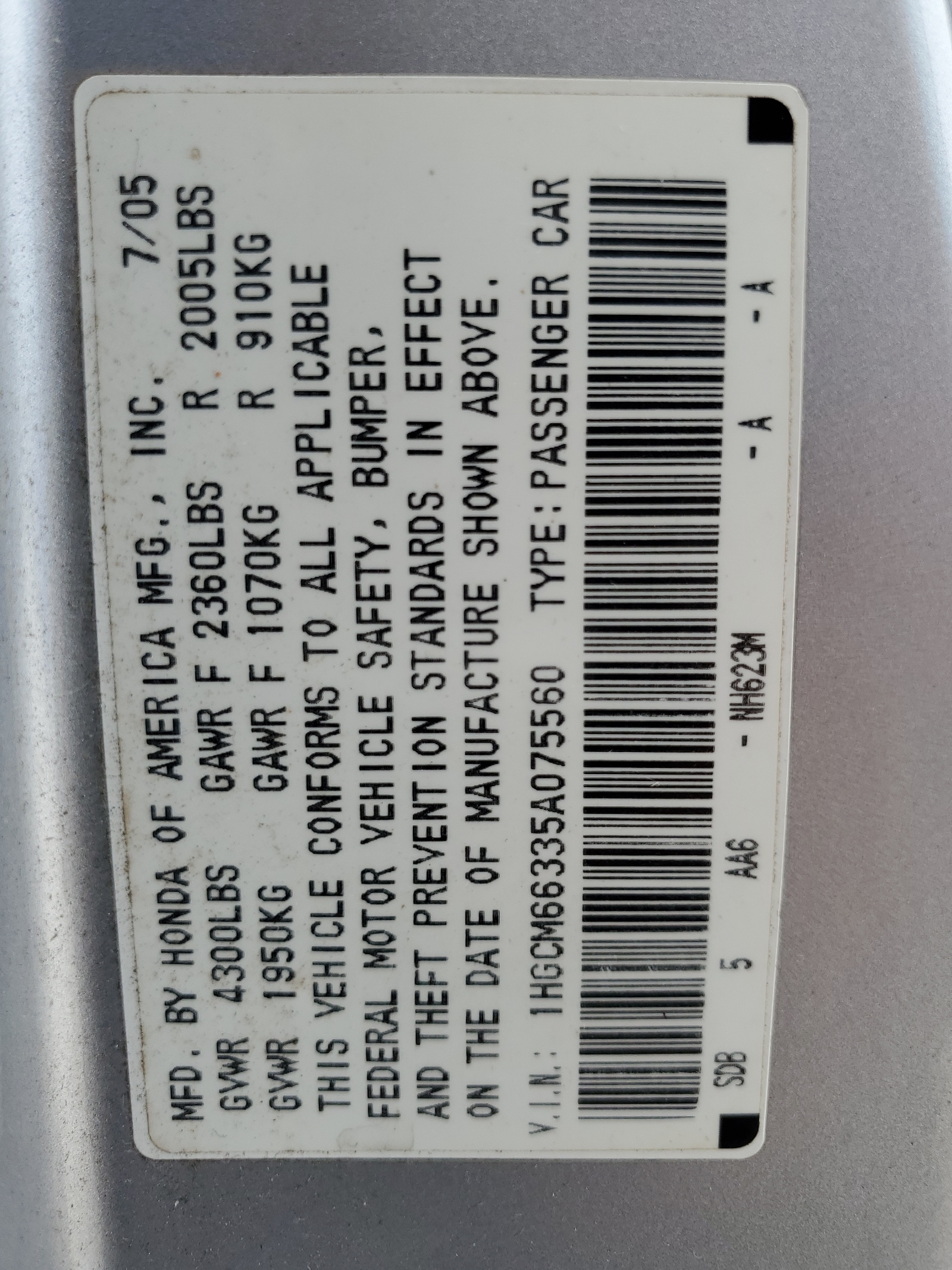 1HGCM66335A075560 2005 Honda Accord Lx