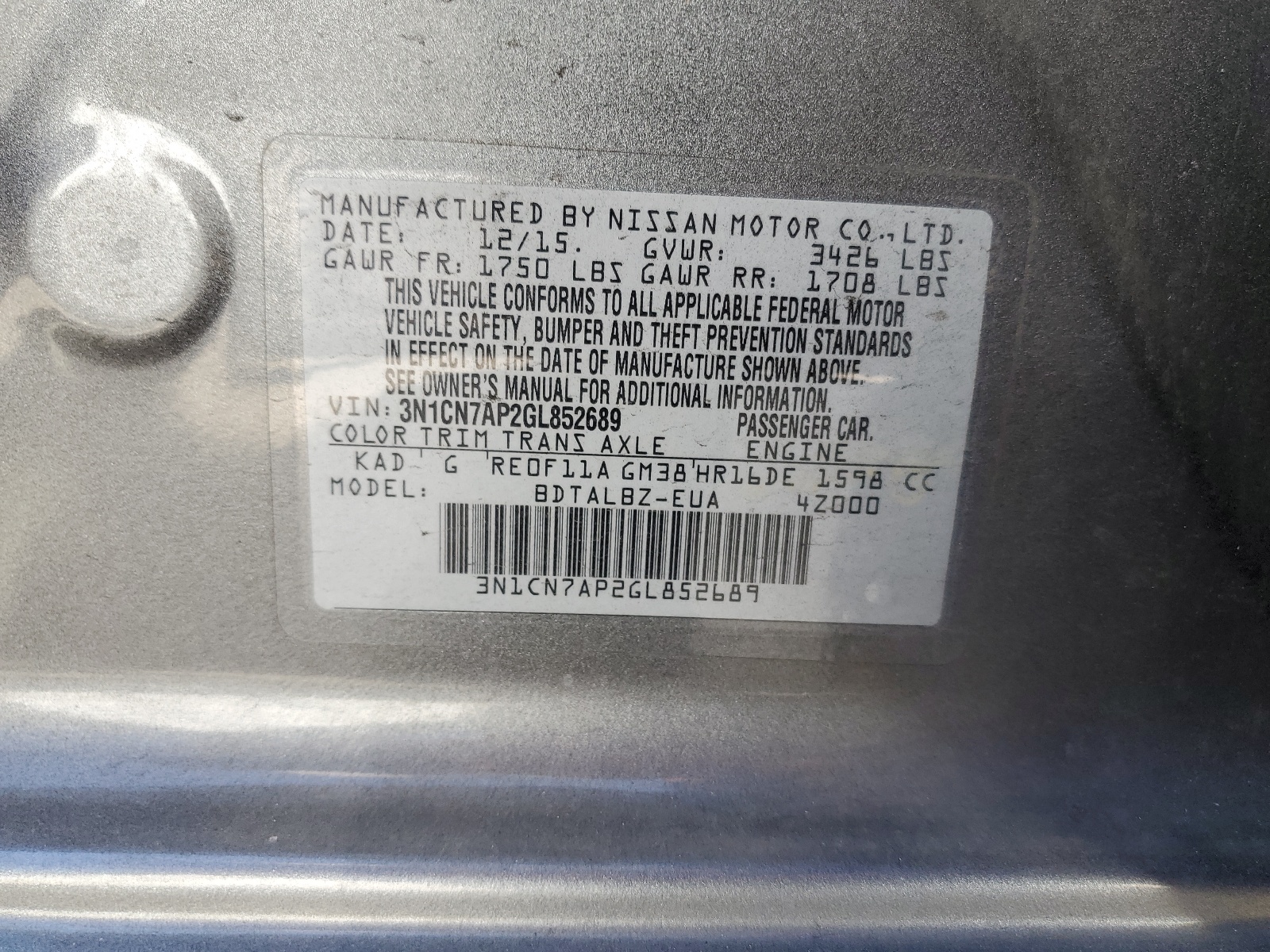 3N1CN7AP2GL852689 2016 Nissan Versa S