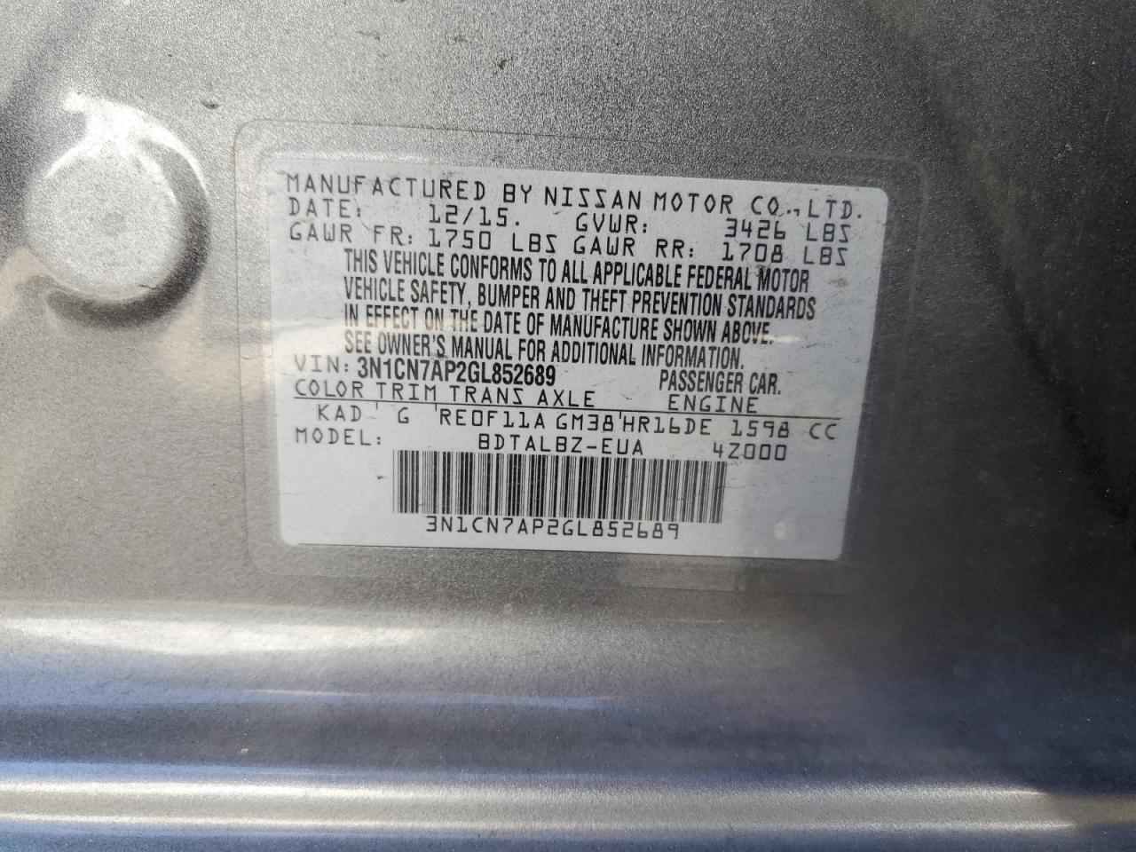 2016 Nissan Versa S VIN: 3N1CN7AP2GL852689 Lot: 63672084