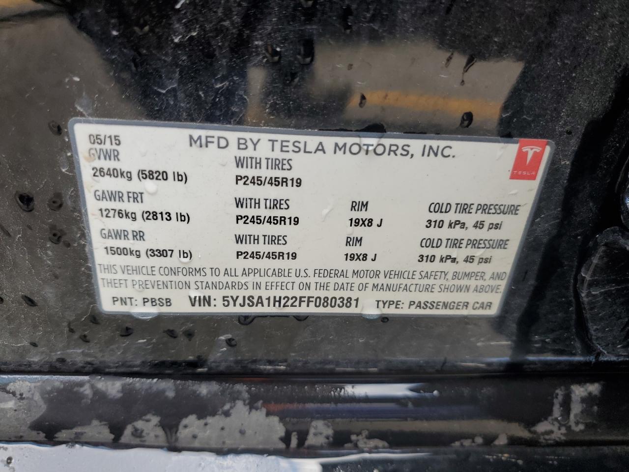 2015 Tesla Model S 85D VIN: 5YJSA1H22FF080381 Lot: 62275964