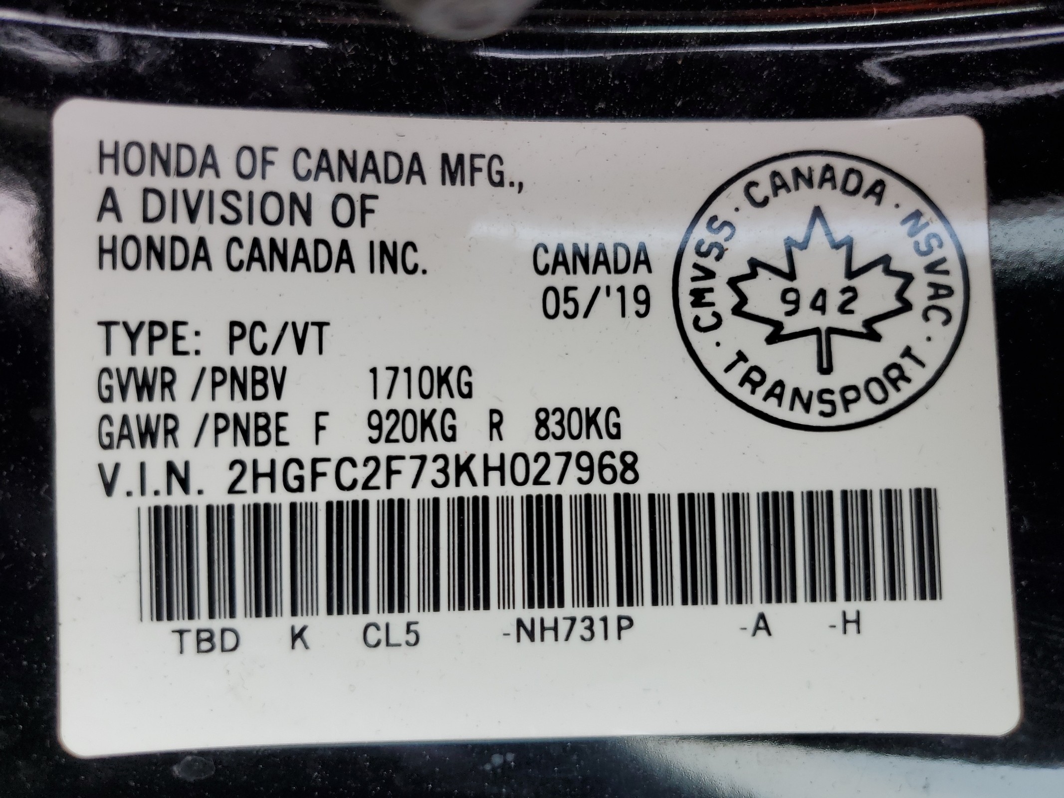 2HGFC2F73KH027968 2019 Honda Civic Ex