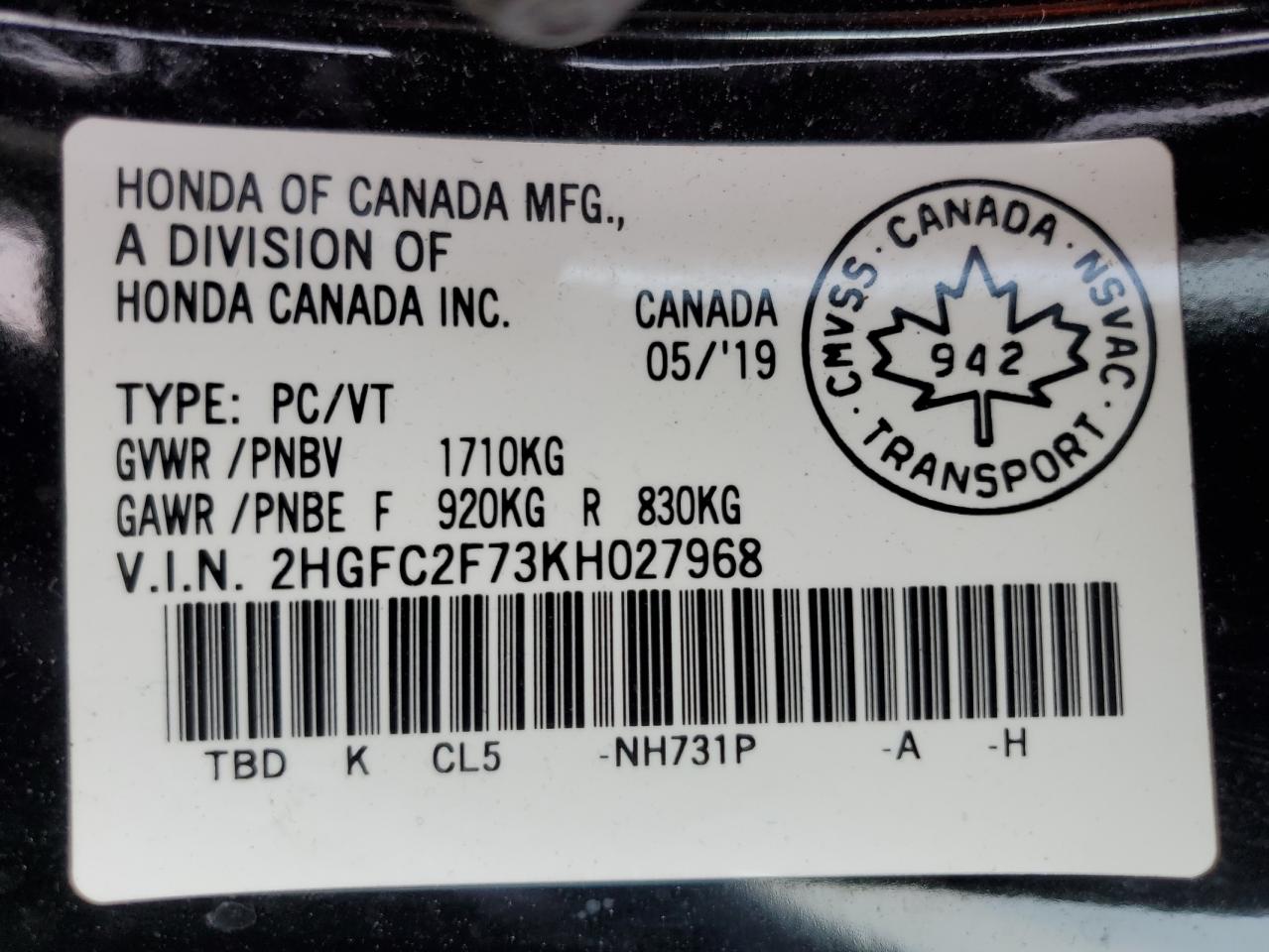 2019 Honda Civic Ex VIN: 2HGFC2F73KH027968 Lot: 65050274