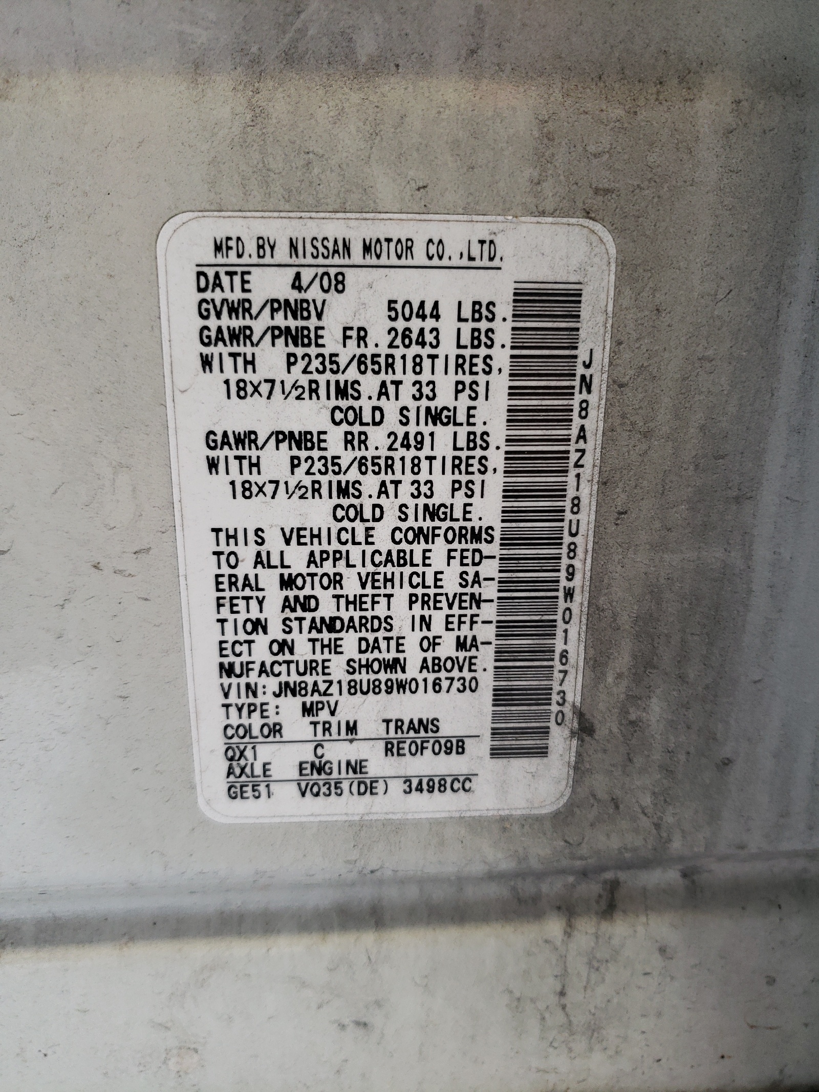 JN8AZ18U89W016730 2009 Nissan Murano S