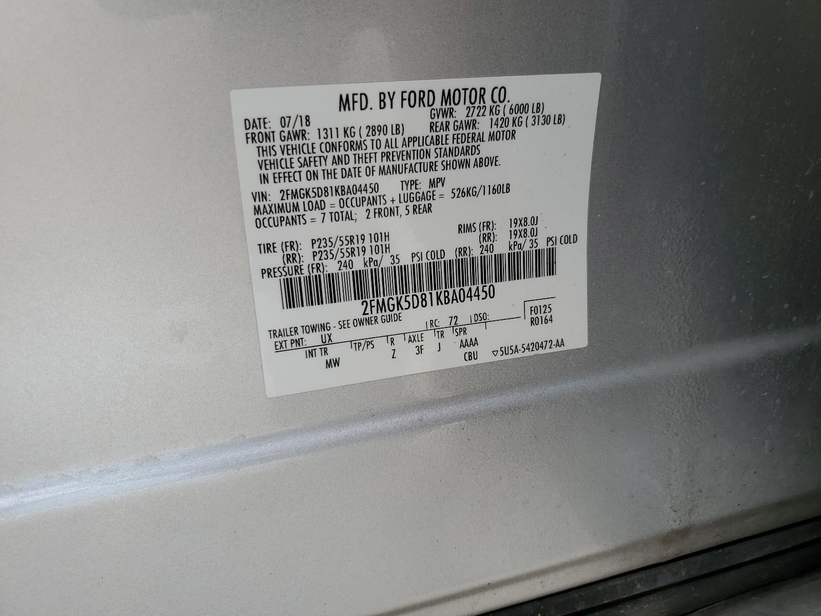 2FMGK5D81KBA04450 2019 Ford Flex Limited