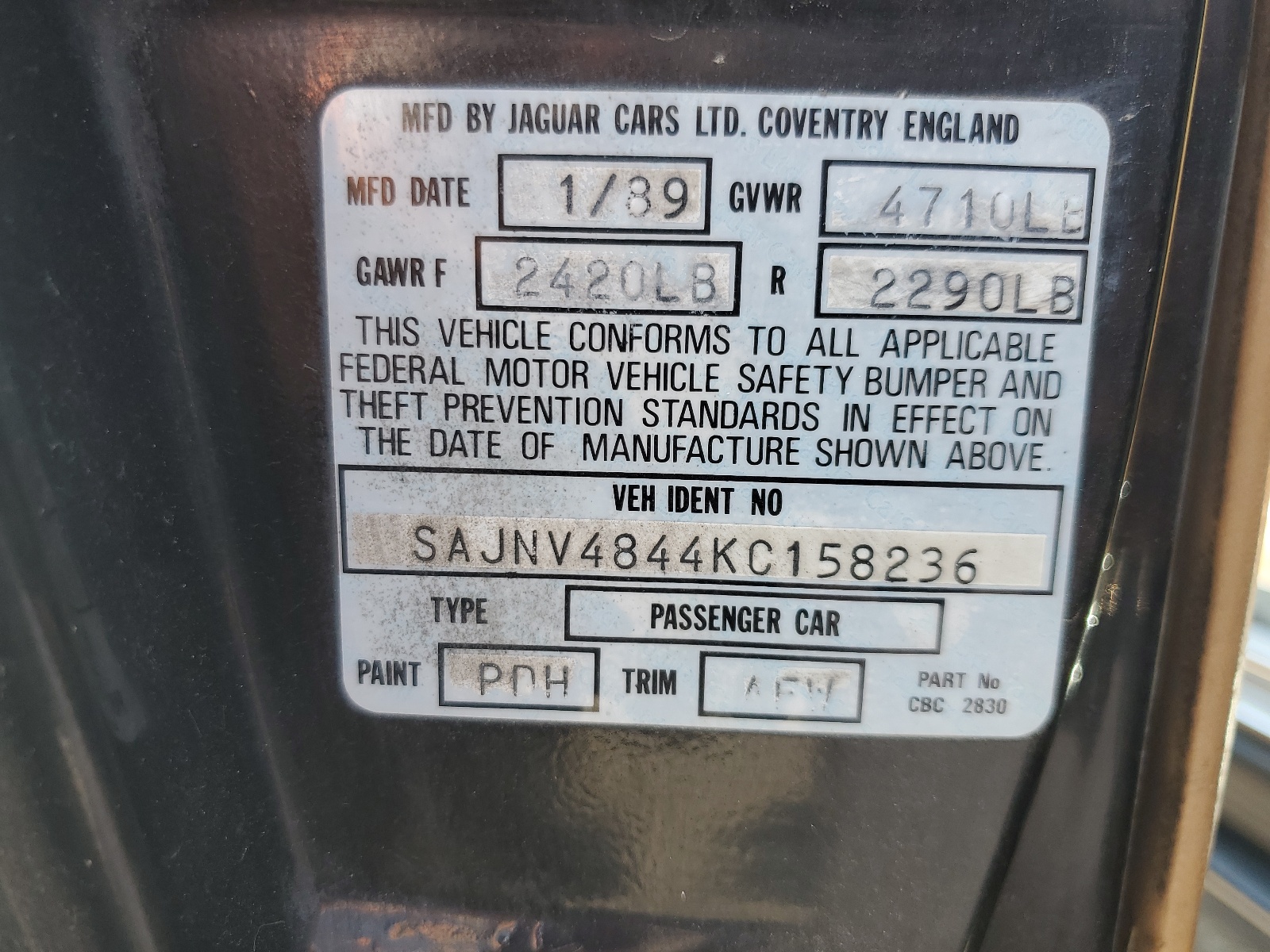 SAJNV4844KC158236 1989 Jaguar Xjs