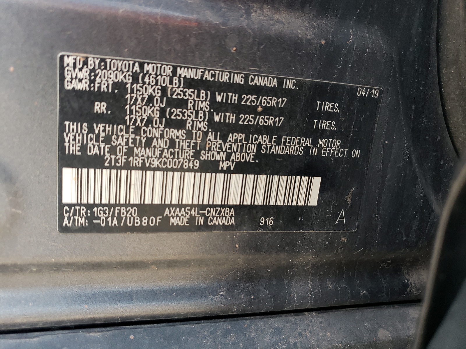 2T3F1RFV9KC007849 2019 Toyota Rav4 Le